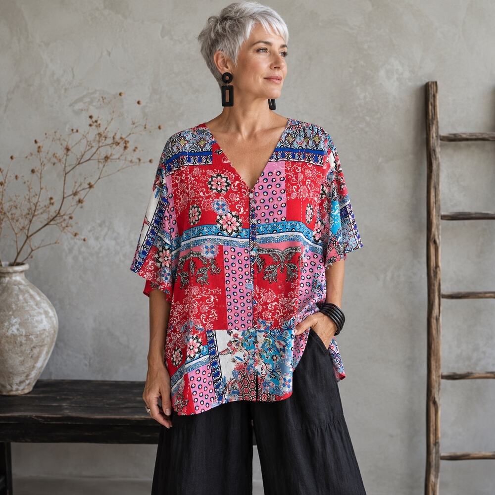 Chico's Red & Blue Floral Color Block Top size 4